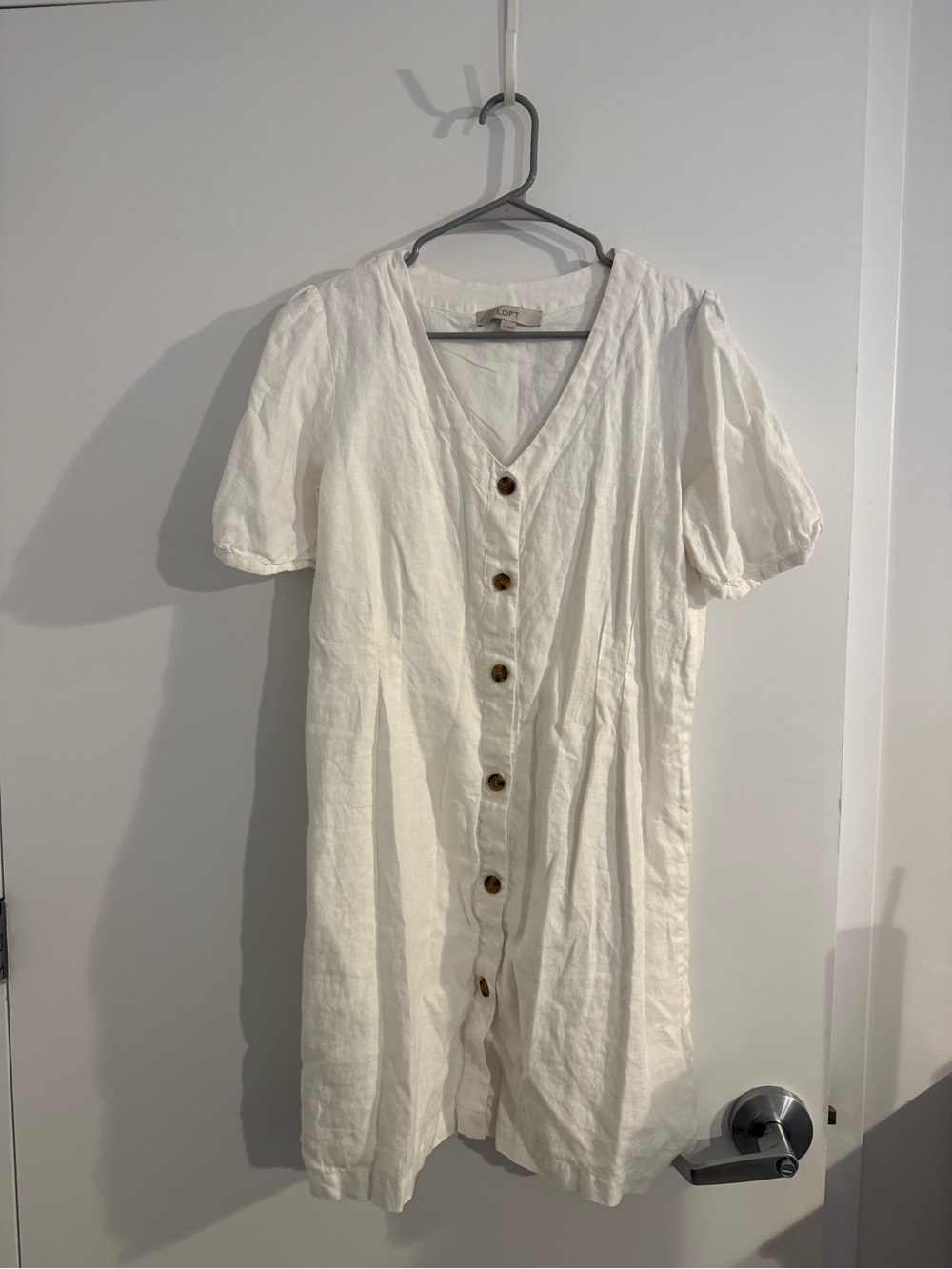 Loft White Linen Button-Front V-Neck Women’s Dress